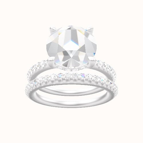 Half Pave Engagement Ring With V Prong with Hidden Halo Head and Matching Band