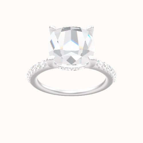 Half Pave Engagement Ring With V Prong with Hidden Halo Head and Matching Band