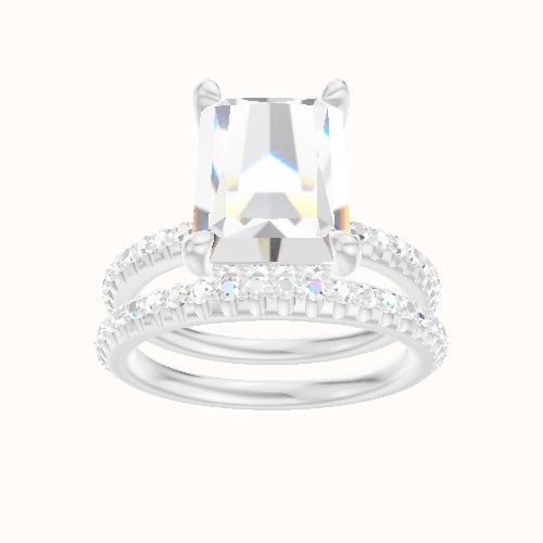 Half Pave Engagement Ring With V Prong with Hidden Halo Head and Matching Band