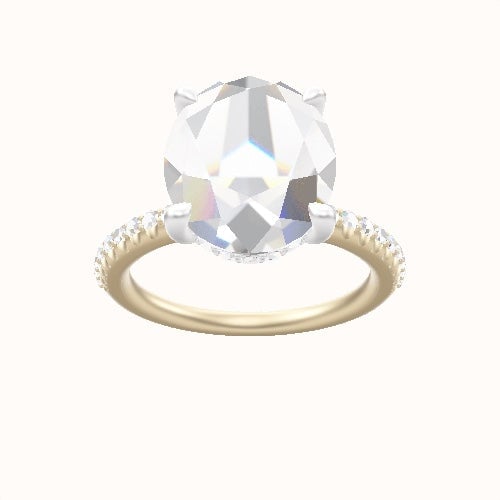 Half Pave Engagement Ring With V Prong with Hidden Halo Head and Matching Band