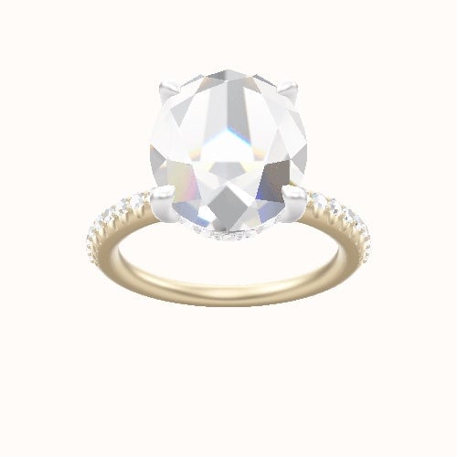 Half Pave Engagement Ring With V Prong with Hidden Halo Head and Matching Band