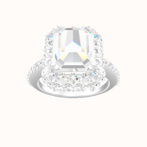 Illusion Set Shank Engagement Ring With Double Prong Waterfall Halo Head and Matching Band