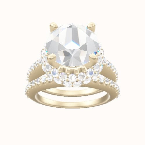 Illusion Set Shank Engagement Ring With High Set Waterfall Halo Head and Matching Band