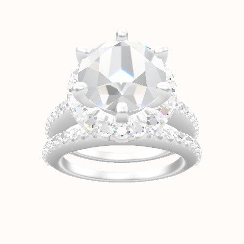 Illusion Set Shank Engagement Ring With Six Prong Halo Head and Matching Band