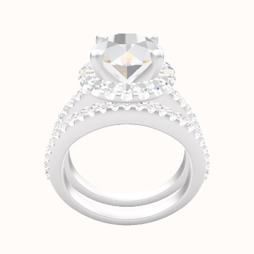 Illusion Set Shank Engagement Ring With V Prong Halo Head and Matching Band