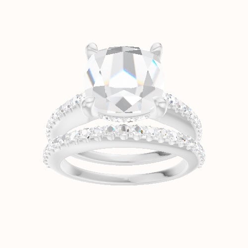 Illusion Set Shank Engagement Ring With V Prong with Hidden Halo Head and Matching Band