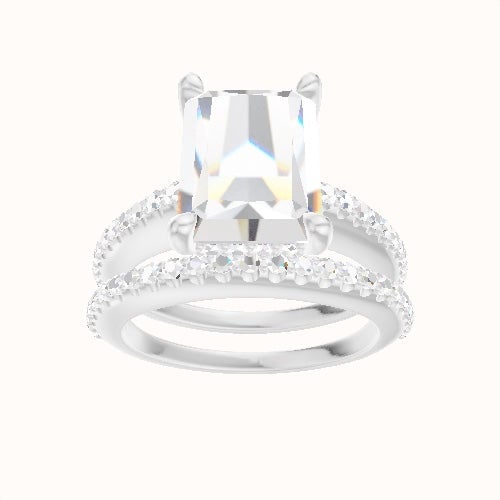 Illusion Set Shank Engagement Ring With V Prong with Hidden Halo Head and Matching Band