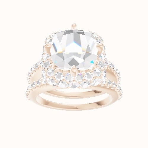 Illusion Set Shank Engagement Ring With Waterfall Halo Head and Matching Band