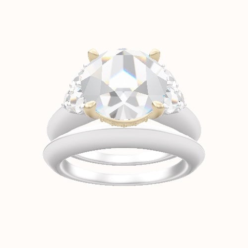 Knife Edge Band with Round Sidestone Trio Engagement Ring With Front set gallery Head and Matching Band