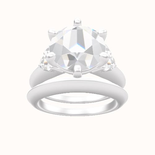 Knife Edge Band with Round Sidestone Trio Engagement Ring With High Set Six Prong Head and Matching Band