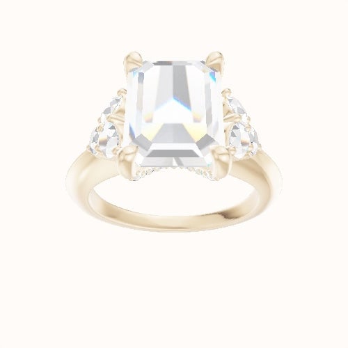 Knife Edge Band with Round Sidestone Trio Engagement Ring With Pave V Prong Head