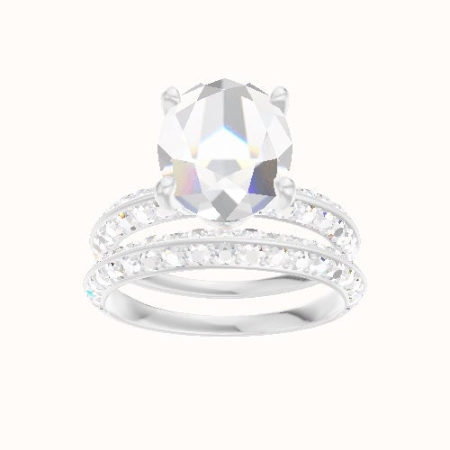 Knife Edge Double Row Pave Engagement Ring With Crown Four Prong w. Surprise Diamond Head and Matching Band