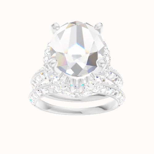 Knife Edge Double Row Pave Engagement Ring With High Set Waterfall Halo Head and Matching Band