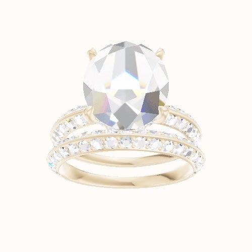 Knife Edge Double Row Pave Engagement Ring With Low Set Pave  Hidden Halo Head and Matching Band