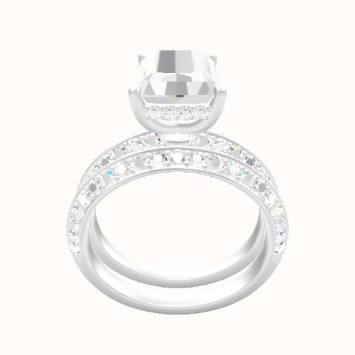 Knife Edge Double Row Pave Engagement Ring With Low Set Pave  Hidden Halo Head and Matching Band