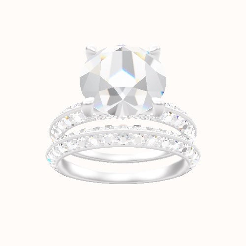 Knife Edge Double Row Pave Engagement Ring With Pave V Prong Head and Matching Band