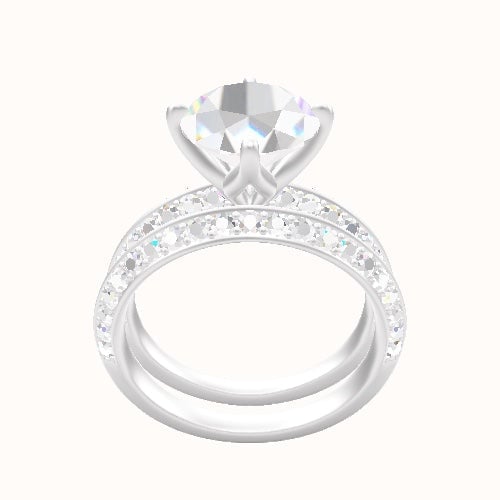Knife Edge Double Row Pave Engagement Ring With Petal Compass Prong Head and Matching Band