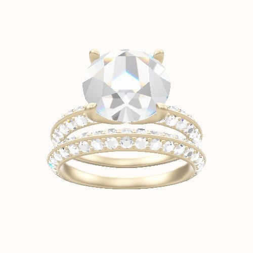 Knife Edge Double Row Pave Engagement Ring With Petal Four Prong Head and Matching Band