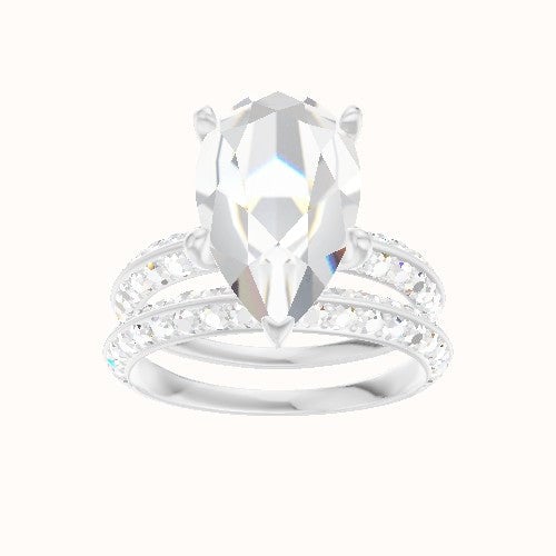 Knife Edge Double Row Pave Engagement Ring With Petal Four Prong Head and Matching Band