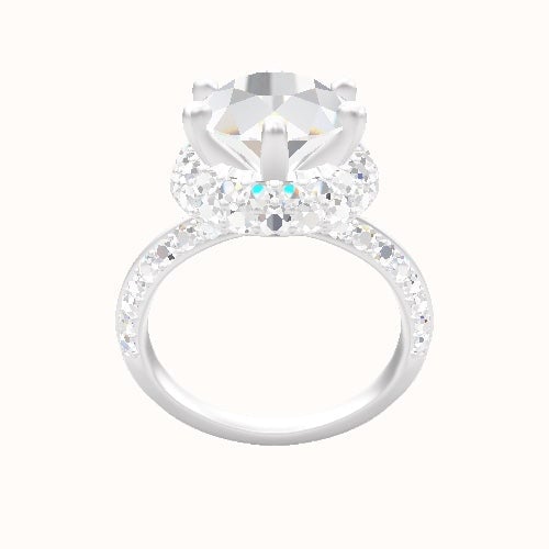 Knife Edge Double Row Pave Engagement Ring With Six Prong Waterfall Halo Head