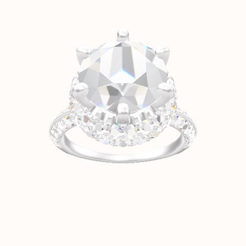 Knife Edge Double Row Pave Engagement Ring With Six Prong Waterfall Halo Head