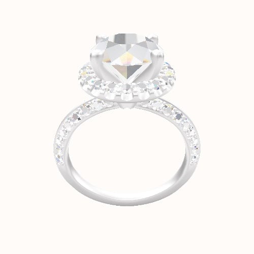 Knife Edge Double Row Pave Engagement Ring With V Prong Halo Head