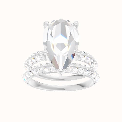 Knife Edge Double Row Pave Engagement Ring With V Prong with Hidden Halo Head and Matching Band