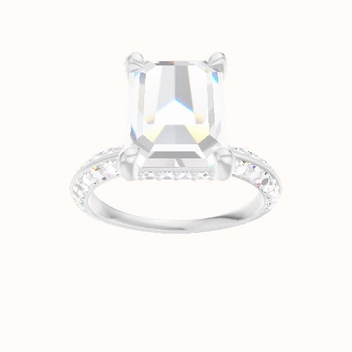 Knife Edge Double Row Pave Engagement Ring With V Prong with Hidden Halo Head and Matching Band