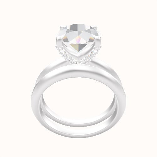 Knife Edge Engagement Ring With Double Pave V Prong Head and Matching Band