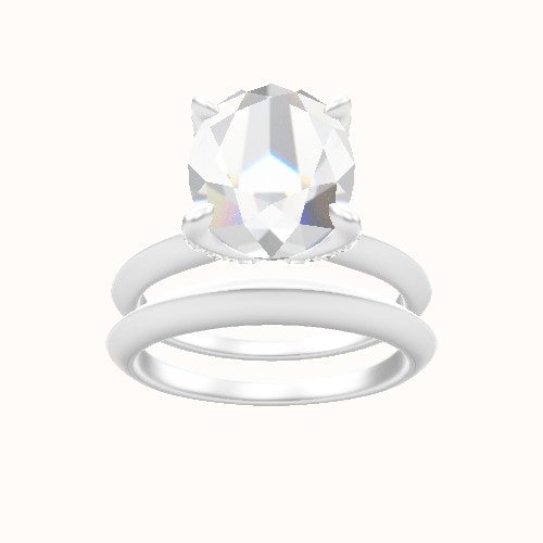 Knife Edge Engagement Ring With Pave Petal Four Prong Head and Matching Band