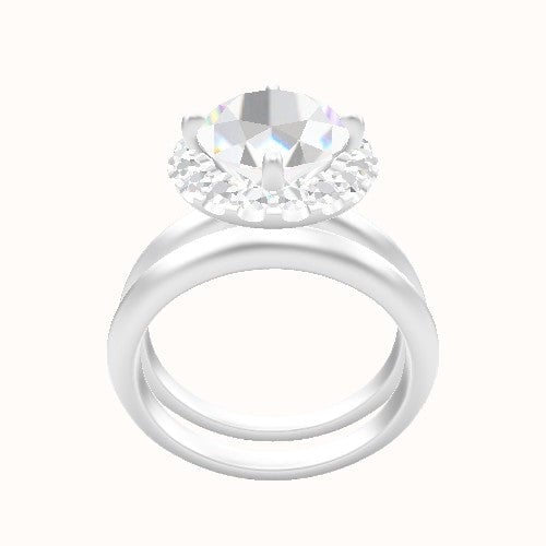 Knife Edge Engagement Ring With Petal Prong Halo Head and Matching Band