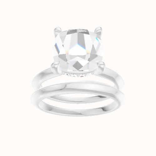 Knife Edge Engagement Ring With V Prong with Hidden Halo Head and Matching Band