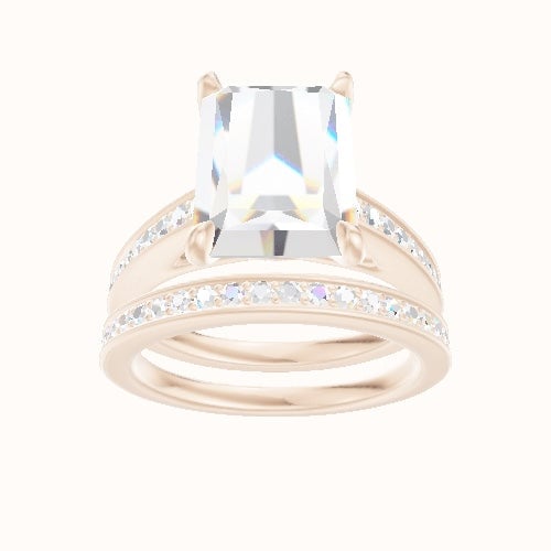 Micropave Cathedral Engagement Ring With Accent Diamond Head and Matching Band