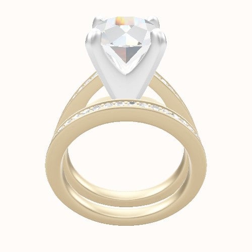 Micropave Cathedral Engagement Ring With Classic Four Prong Head and Matching Band