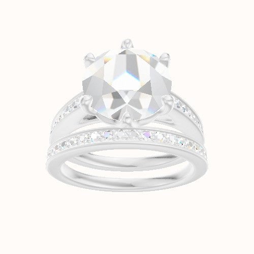 Micropave Cathedral Engagement Ring With Crown Six Prong w. accent Diamond Head and Matching Band