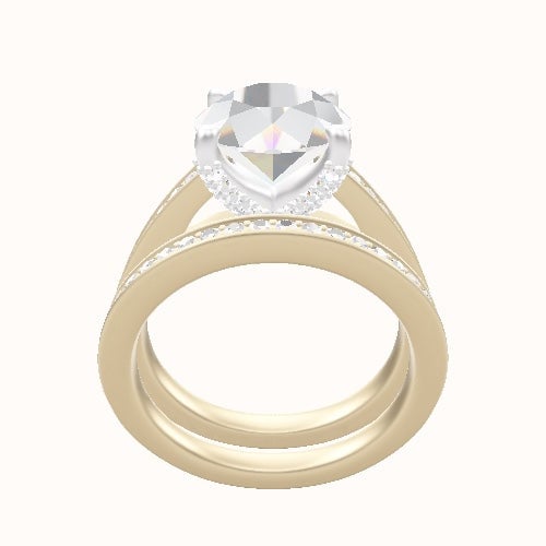 Micropave Cathedral Engagement Ring With Double Pave V Prong Head and Matching Band