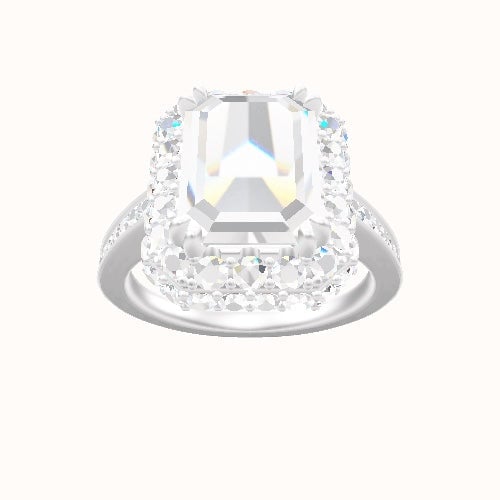 Micropave Cathedral Engagement Ring With Double Prong Waterfall Halo Head and Matching Band