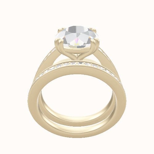 Micropave Cathedral Engagement Ring With Double Prongs Head and Matching Band