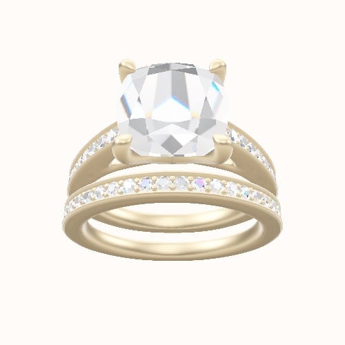 Micropave Cathedral Engagement Ring With Four Prong Head and Matching Band
