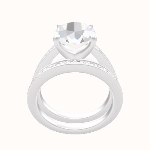 Micropave Cathedral Engagement Ring With Four Prong Head and Matching Band