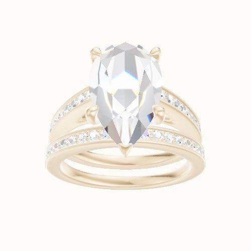 Micropave Cathedral Engagement Ring With Four Prong Head and Matching Band