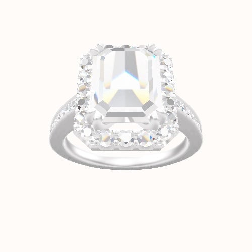 Micropave Cathedral Engagement Ring With Halo with Double Prong Head and Matching Band