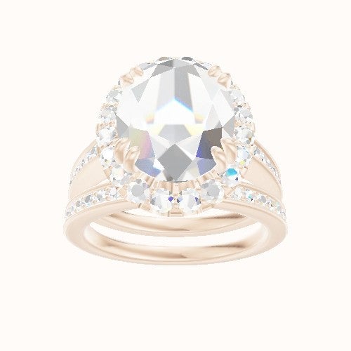 Micropave Cathedral Engagement Ring With Halo with Double Prong Head and Matching Band