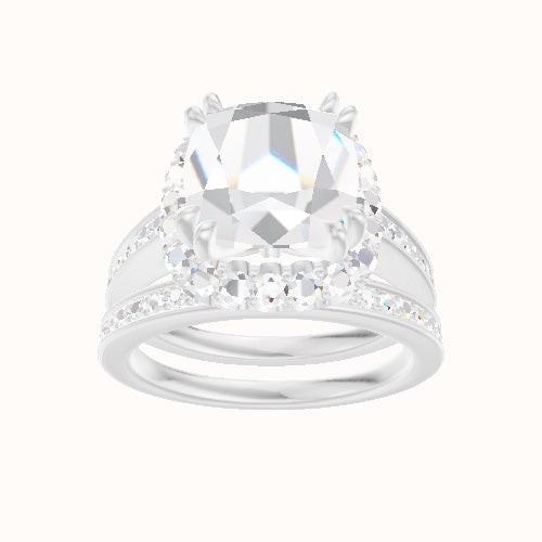 Micropave Cathedral Engagement Ring With Halo with Double Prong Head and Matching Band