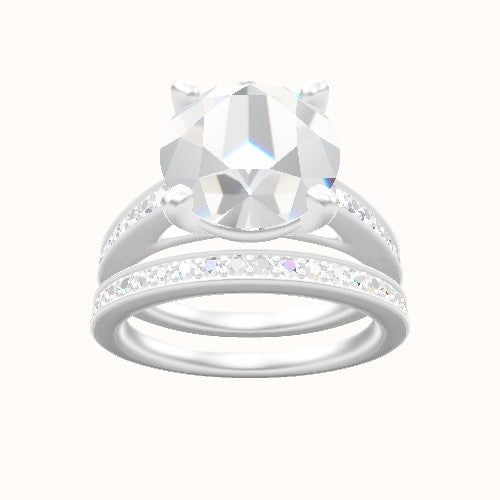 Micropave Cathedral Engagement Ring With High Set Four Prong Head and Matching Band