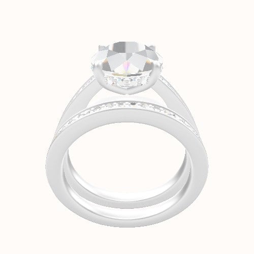 Micropave Cathedral Engagement Ring With Low Set Pave  Hidden Halo Head and Matching Band