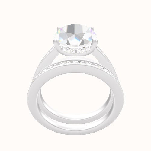 Micropave Cathedral Engagement Ring With Low Set Pave  Hidden Halo Head and Matching Band