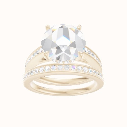 Micropave Cathedral Engagement Ring With Low Set Pave  Hidden Halo Head and Matching Band