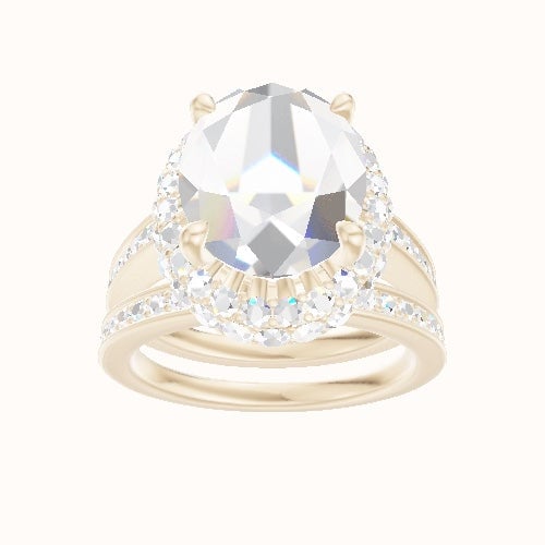 Micropave Cathedral Engagement Ring With Low Set Waterfall Halo Head and Matching Band