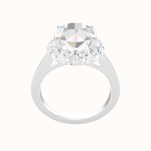 Micropave Cathedral Engagement Ring With Low Set Waterfall Halo Head
